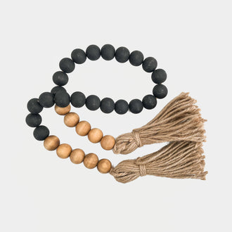 BLACK AND WALNUT WOODEN BEADS WITH JUTE TASSELS