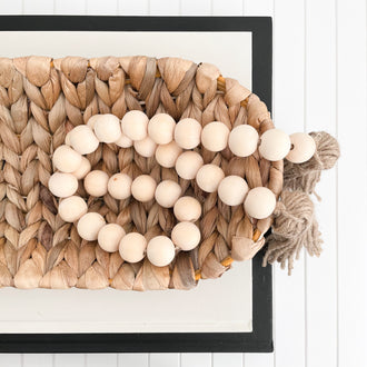 WHITE WASHED NATURAL WOODEN BEADS WITH JUTE TASSELS