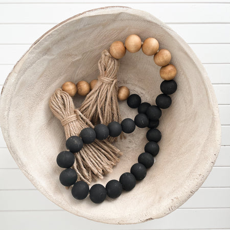 BLACK AND WALNUT WOODEN BEADS WITH JUTE TASSELS